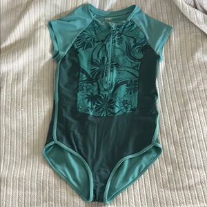 Athleta Kids Swim One Piece - Teal and Dark Green zip up rash guard style
